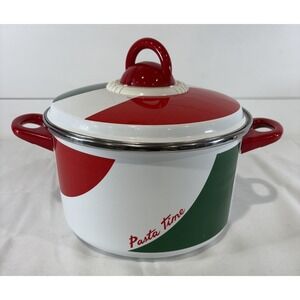 Vintage Pasta Time 6 QT Metrokane Enamel Cooking Pot w/ Strainer Timer Red Green